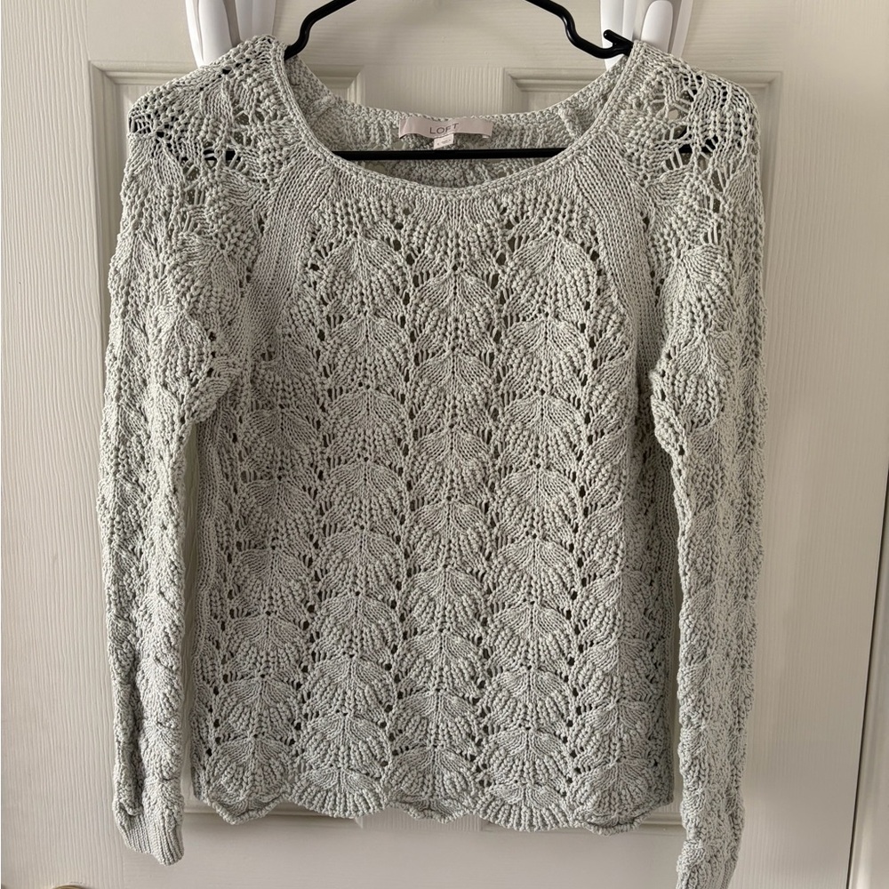 LOFT Pale Green Openwork‎ Knit Scoop Neck Sweater